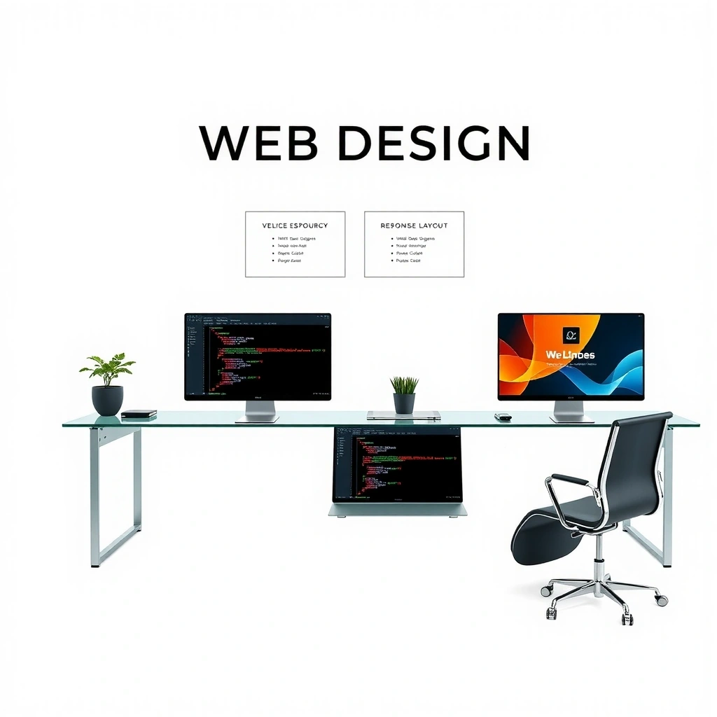 Modern web design workspace with coding on screens