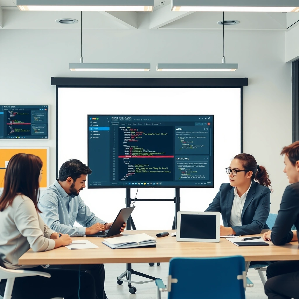 Professional web development team collaborating on project